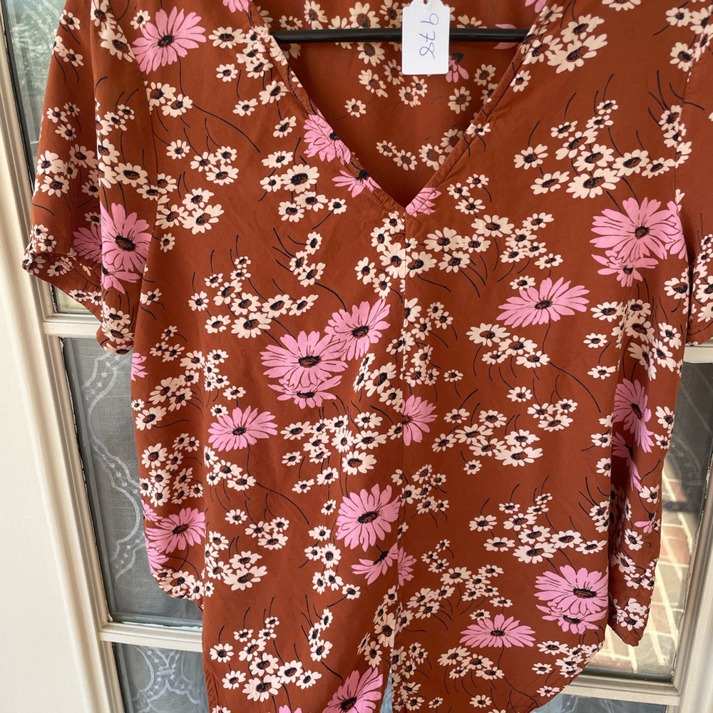 Madewell Size M Floral Tie Front Blouse Rust Pink Daisy Print Cottagecore 🌸 - Picture 1 of 5